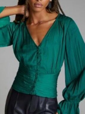 Anthropologie Green Silky puff sleeved satin emerald Green smocked blouse XL